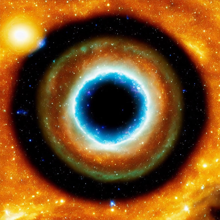 Colorful depiction of black hole with luminous rings and stars