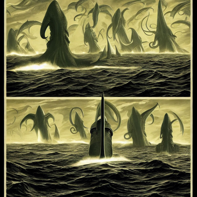 Four-panel Artwork: Giant Tentacles Rise from Sea, Ship Confronts Monstrous Threat