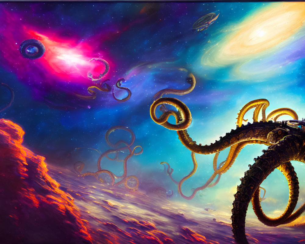 Colorful Sci-Fi Scene: Colossal Tentacled Creature on Rocky Terrain under Cosmic Sky