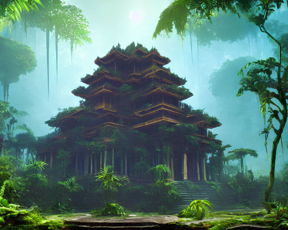 Mystical multi-tiered temple in lush foggy rainforest