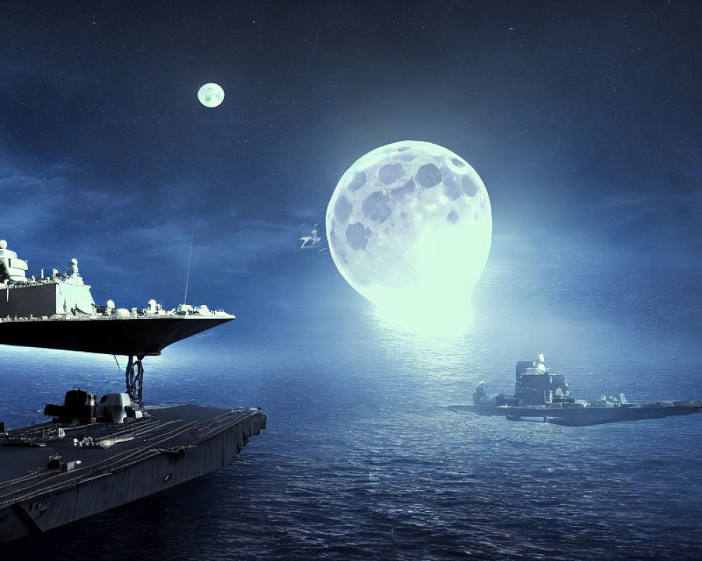 Naval ships under oversized moon, smaller moon in starlit sky