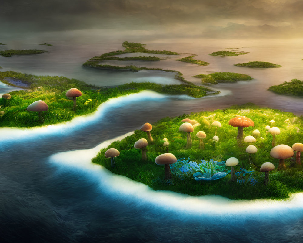 Fantasy landscape with lush green islands, winding river, oversized mushrooms at sunrise