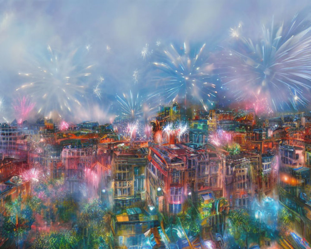 Colorful fireworks light up vibrant cityscape at night