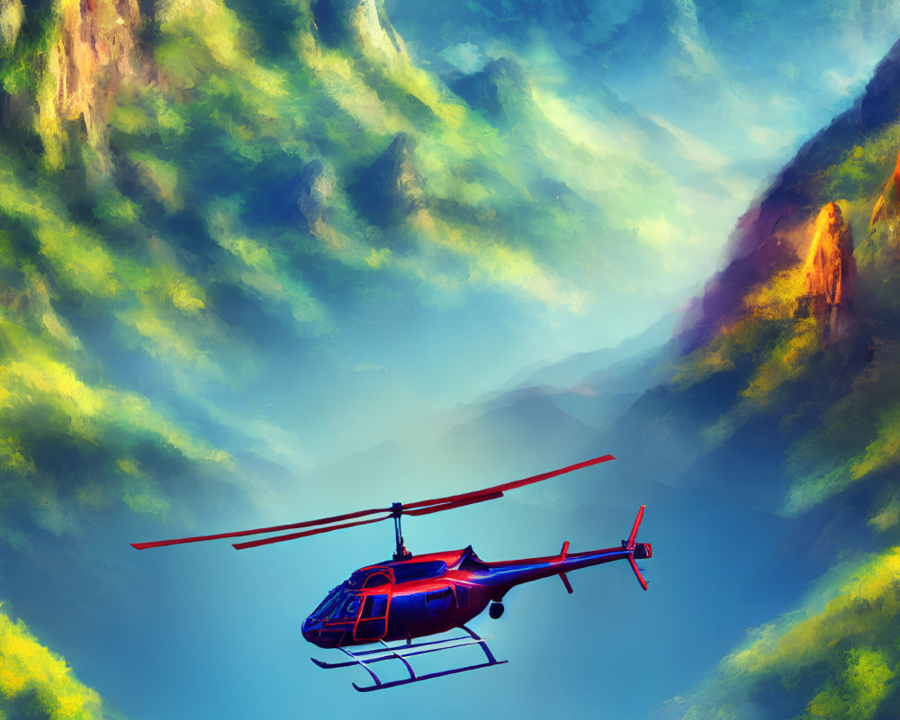 Blue helicopter flying over green mountains with mist and blue skies