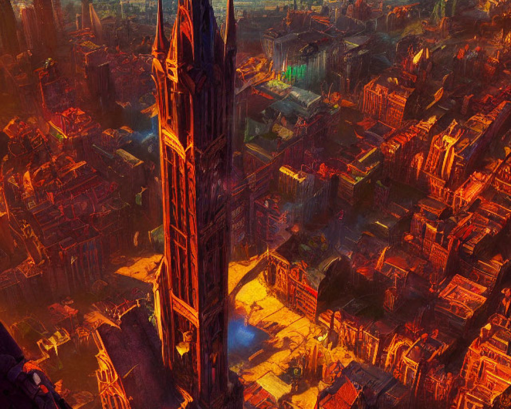 Gothic spire overlooking ancient city at sunset