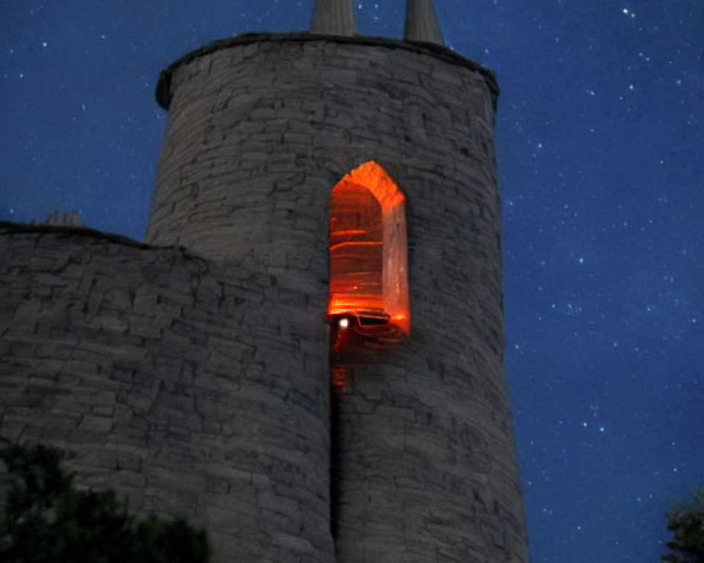 Stone tower under starry sky with glowing orange window against dark medieval architecture