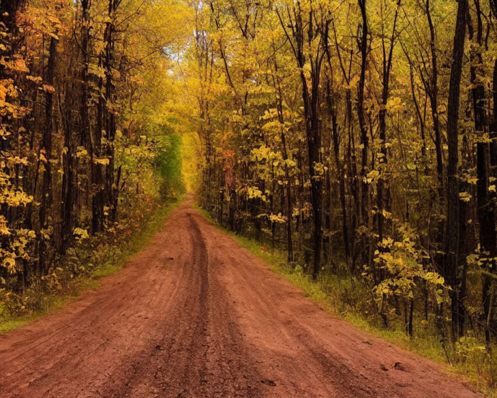 Autumn forest scene with meandering dirt road and vibrant foliage