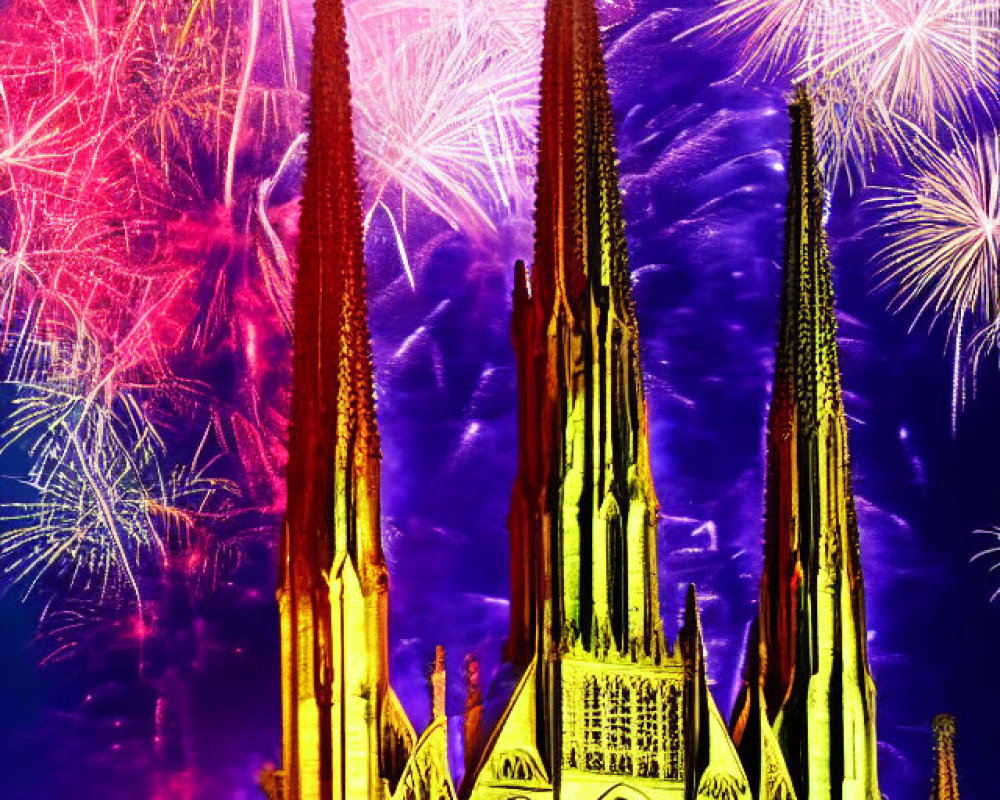 Vibrant fireworks light up Gothic cathedral at night