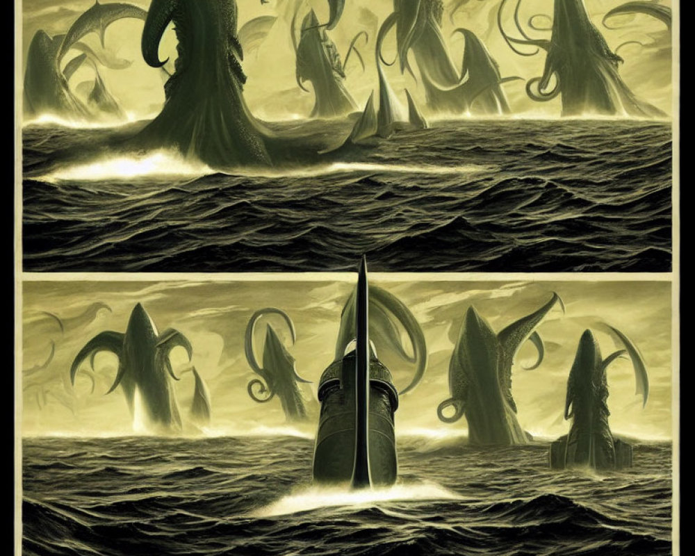 Four-panel Artwork: Giant Tentacles Rise from Sea, Ship Confronts Monstrous Threat