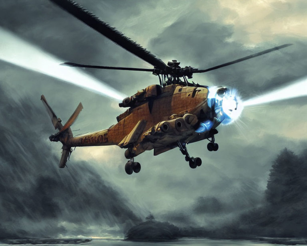 Futuristic helicopter with advanced weaponry in misty landscape