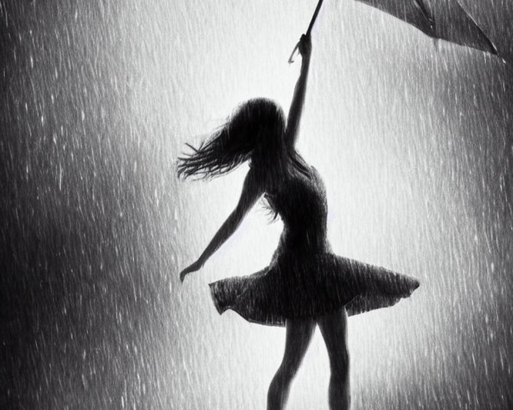 Silhouetted figure dancing in rain with illuminated water droplets.