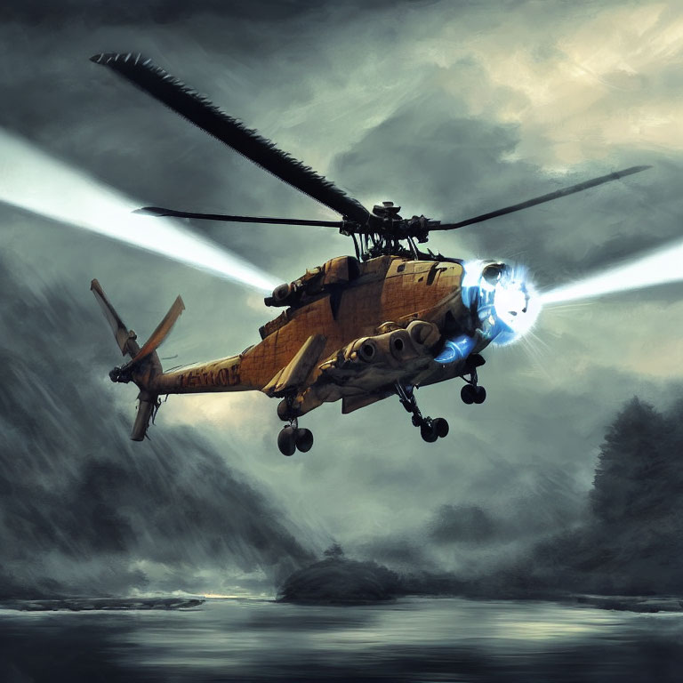 Futuristic helicopter with advanced weaponry in misty landscape