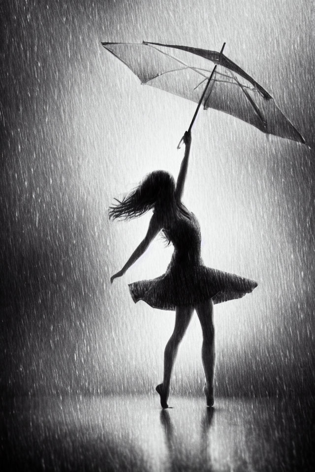 Silhouetted figure dancing in rain with illuminated water droplets.