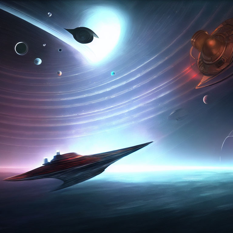 Futuristic space scene with orbiting spacecrafts and star-streaked sky