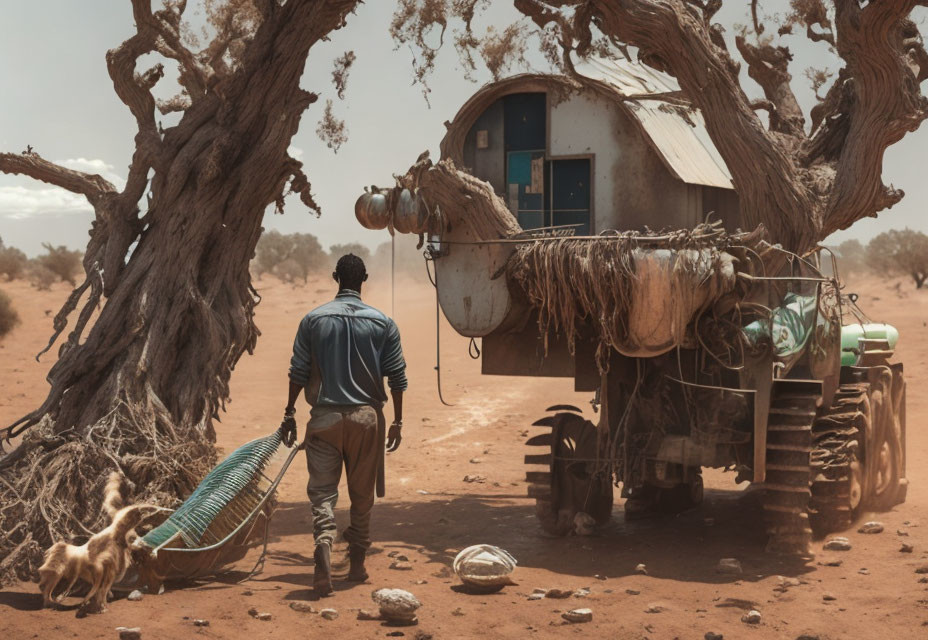 Person Approaching Rustic Mobile Home in Barren Landscape