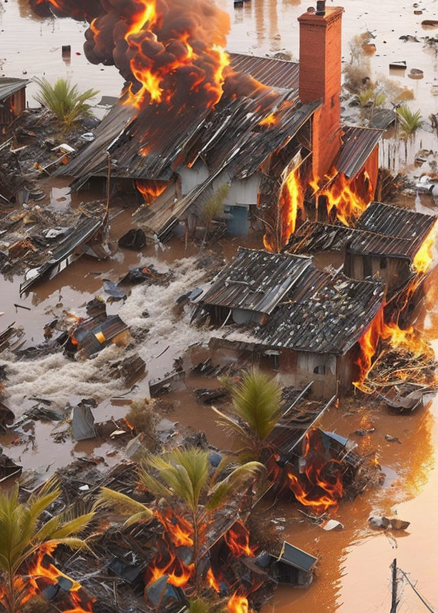 Flooded area with burning buildings and debris in murky water