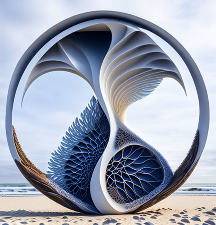 3D fractal design of interconnected shells in yin-yang pattern on serene beach