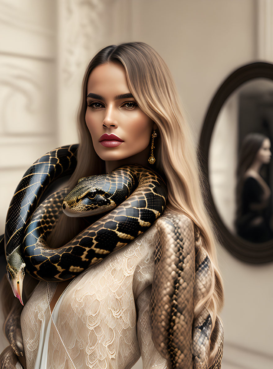 Blonde woman with python in elegant pose against ornate backdrop