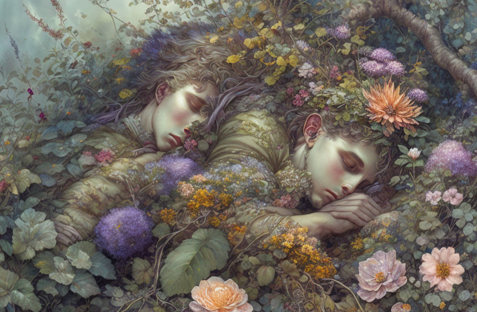 Serene figures sleeping among vibrant flowers in a dreamlike scene