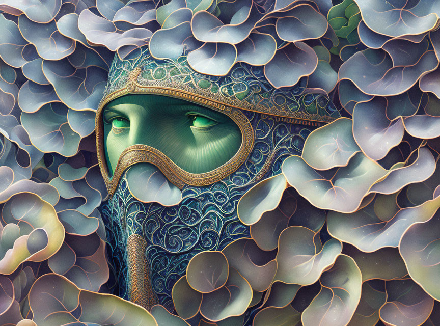 Detailed illustration: Eyes peering through ornate mask amid vibrant, overlapping petals