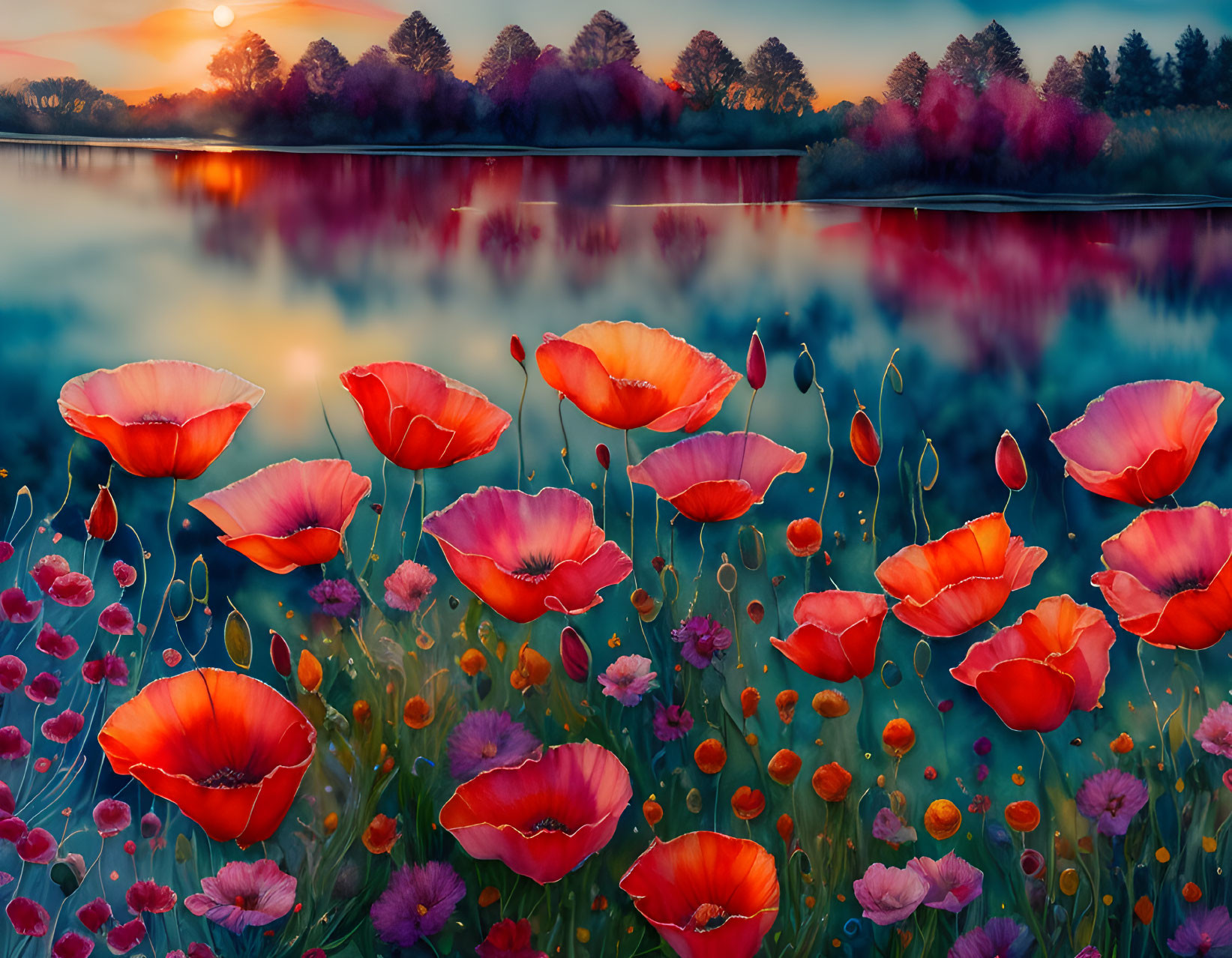 Serene sunset landscape with red poppies, lake, and colorful trees