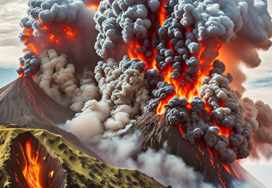 Volcanic eruption with multiple vents spewing lava and ash plumes