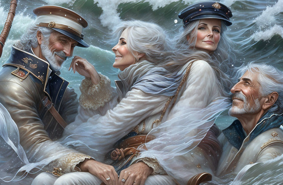 Elderly trio in naval uniforms surrounded by magical mist and water