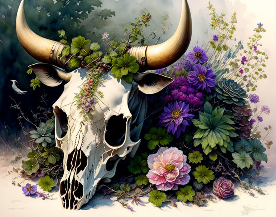 Cow skull with vibrant flowers symbolizing death and life in lush flora backdrop