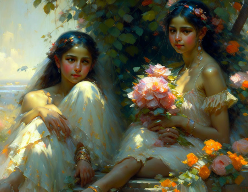 Ethereal figures in gossamer attire with flowers in lush greenery