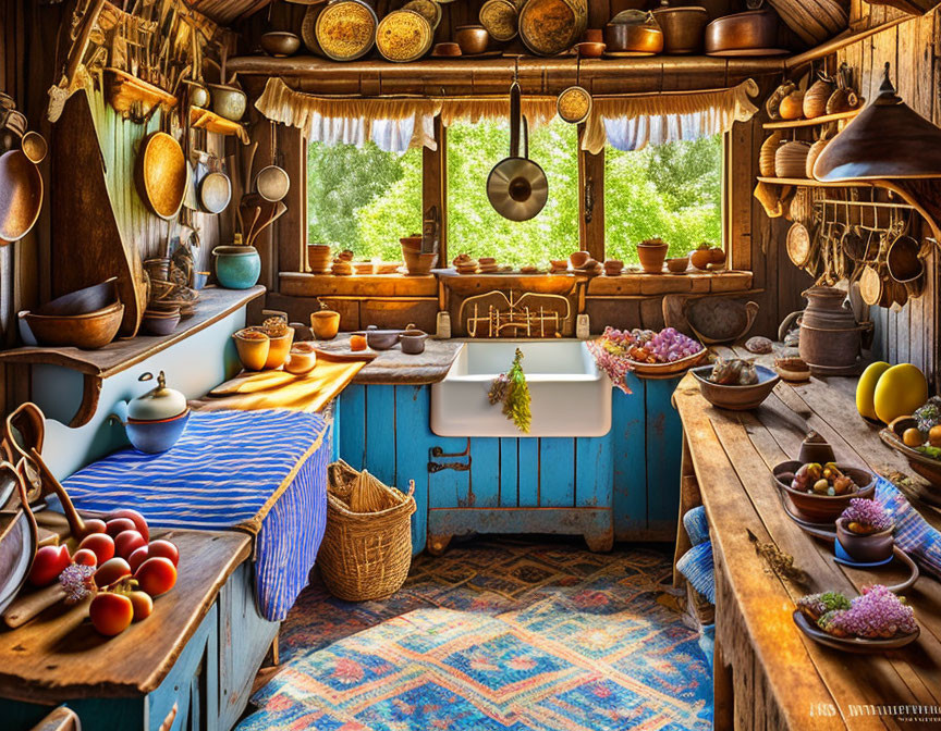 Rustic kitchen with wooden utensils, ceramic pots, fresh produce, and blue sink