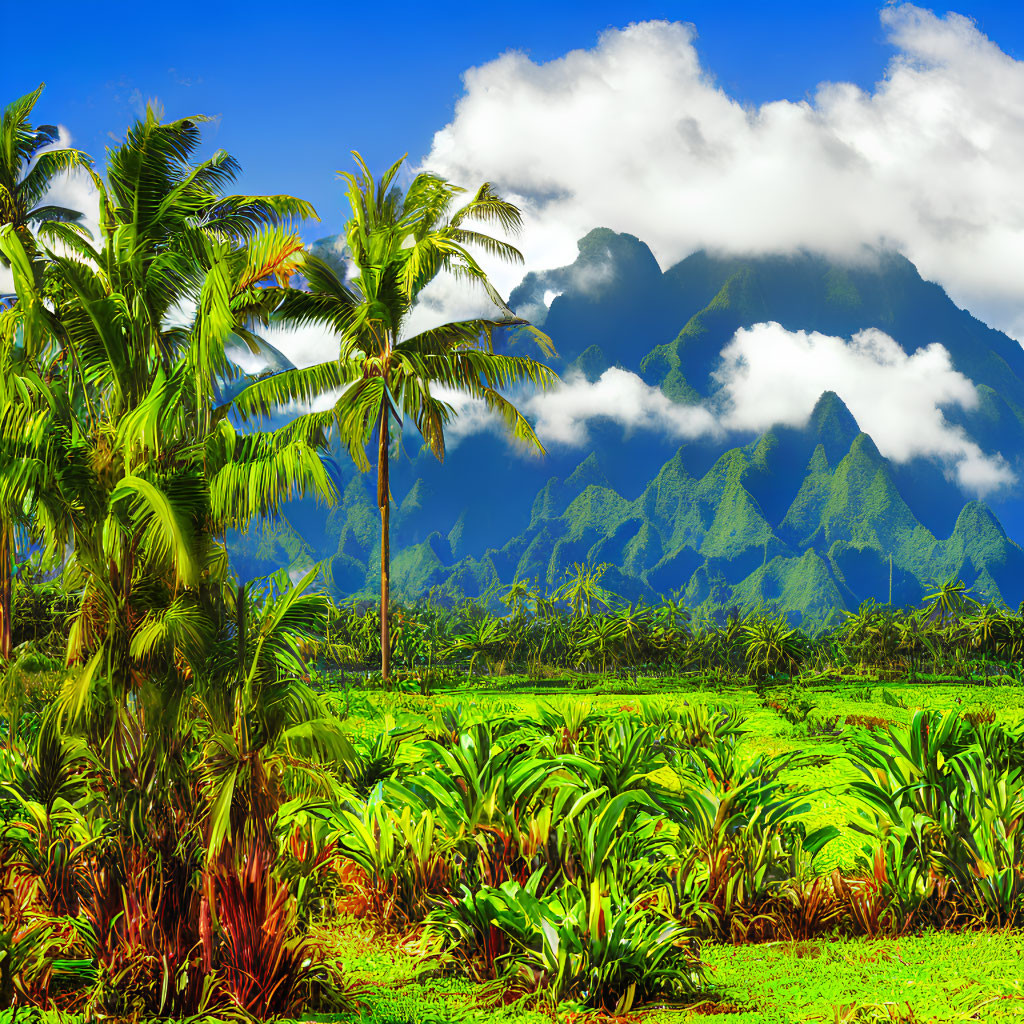 Tropical landscape with lush greenery, palm trees, and mountain peaks under blue sky