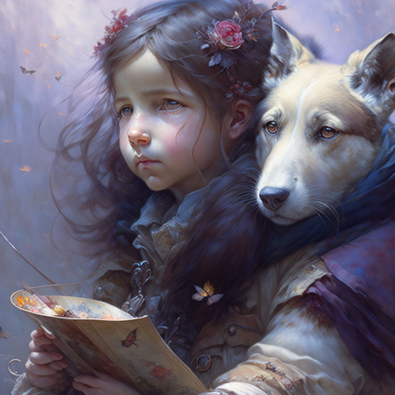 Young girl with floral crown reading with large dog in dreamy setting.