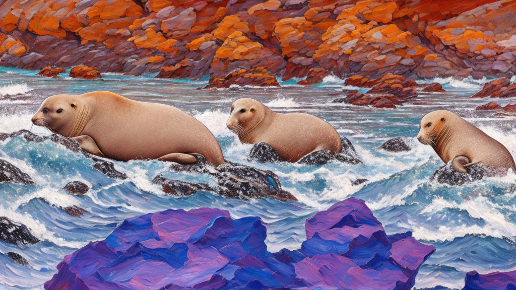 Seals Resting on Rocks with Wavy Blue Water and Orange Backdrop