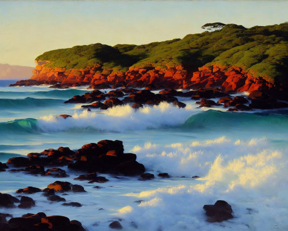 Tranquil coastal scene with crashing waves and lush headland