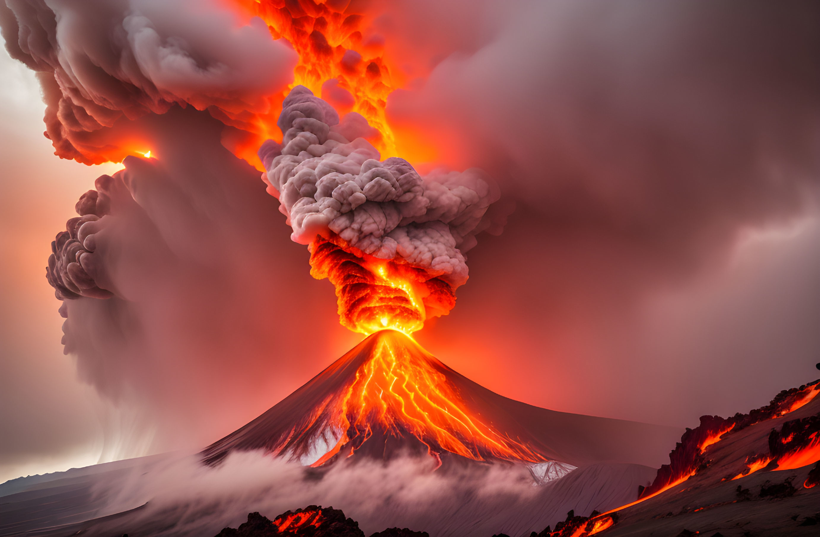 Violent volcano eruption with red and orange lava flows and ash clouds