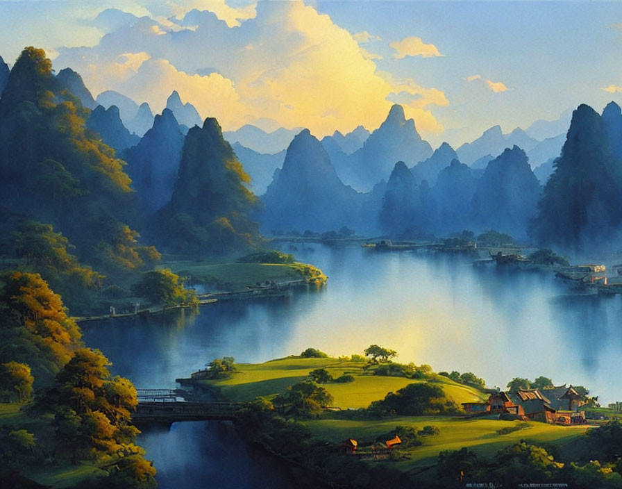 Tranquil river flowing through lush valley with towering peaks