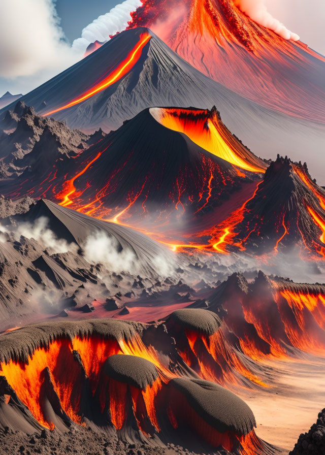 Volcanoes Erupting with Lava and Ash Clouds in Dramatic Sky