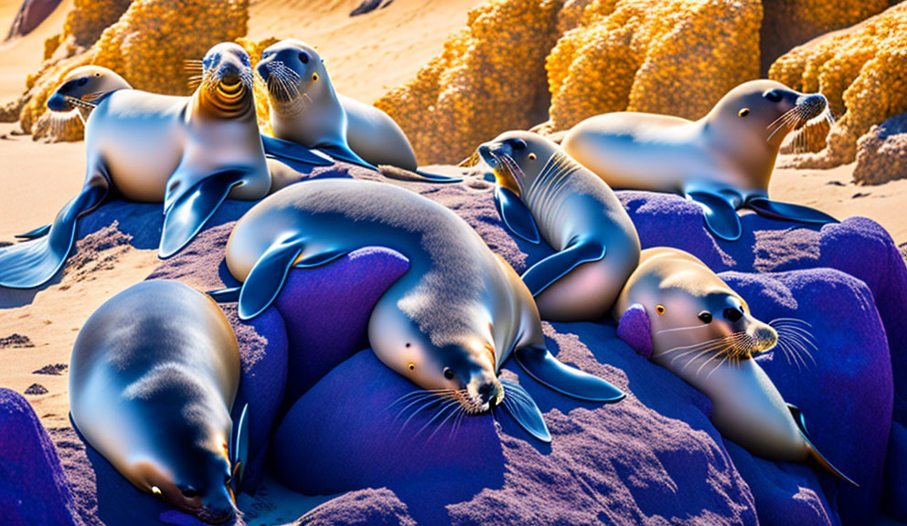 Blue-skinned seals on purple rocks with golden forest backdrop