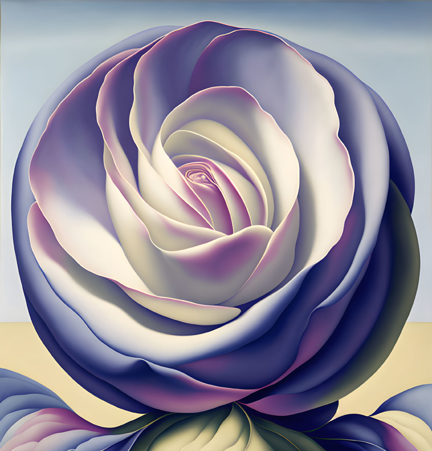 Stylized digital painting of purple, white, and blue rose on soft blue background