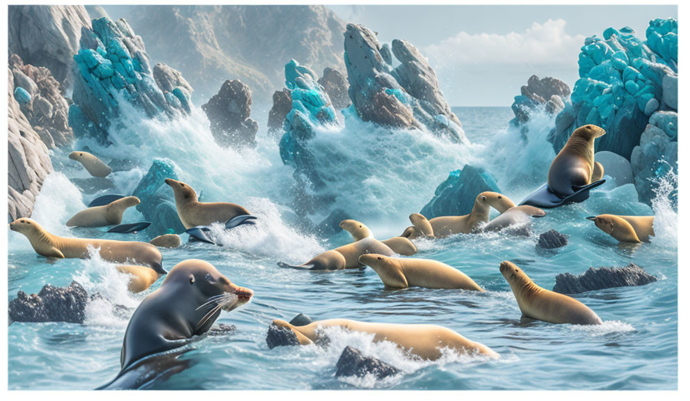 Seals swimming in vibrant ocean with rocky cliffs and teal flora