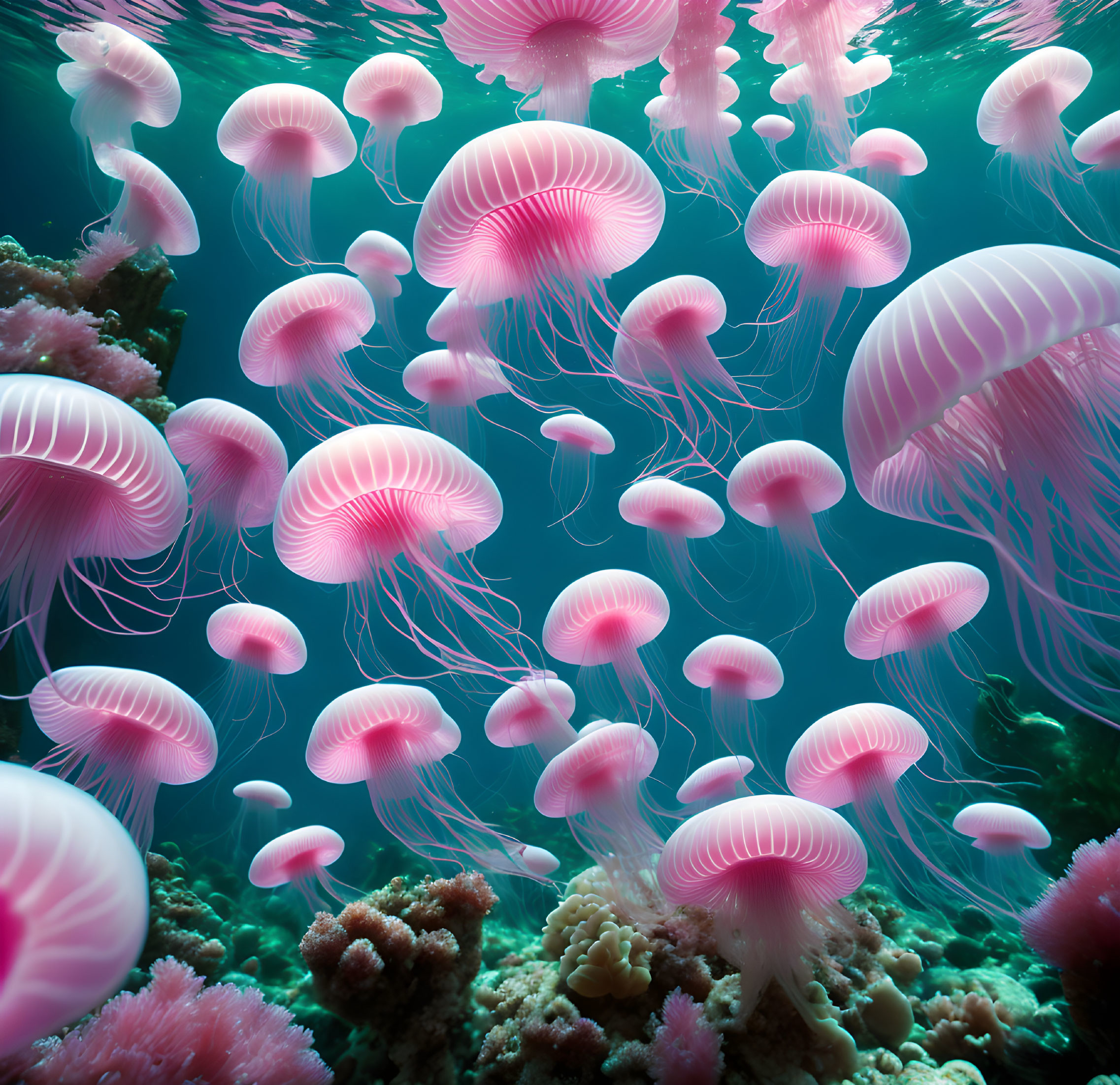 Pink Jellyfish Swimming in Vibrant Underwater Scene