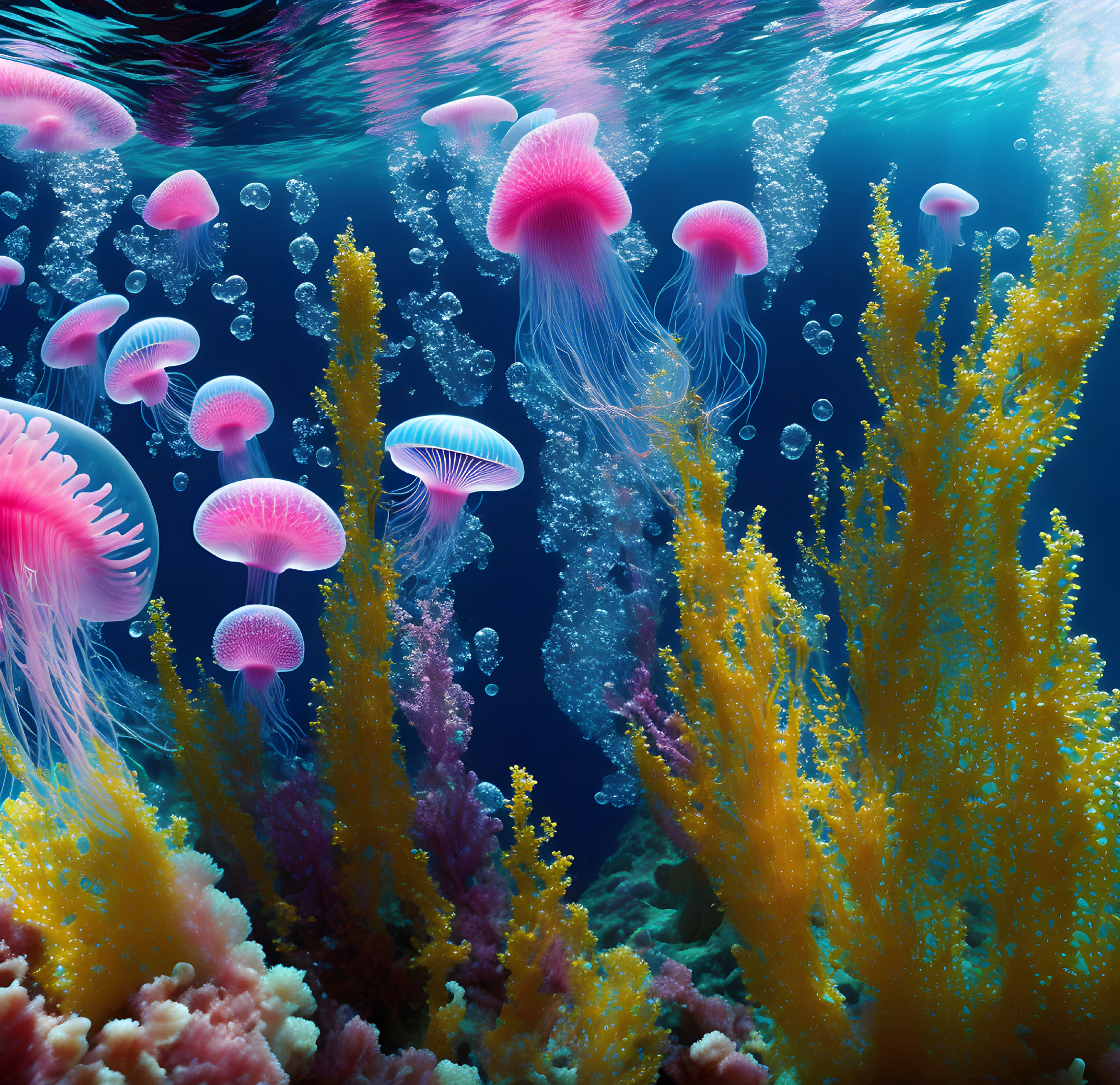 Colorful Jellyfish and Coral Reefs in Deep Blue Underwater Scene