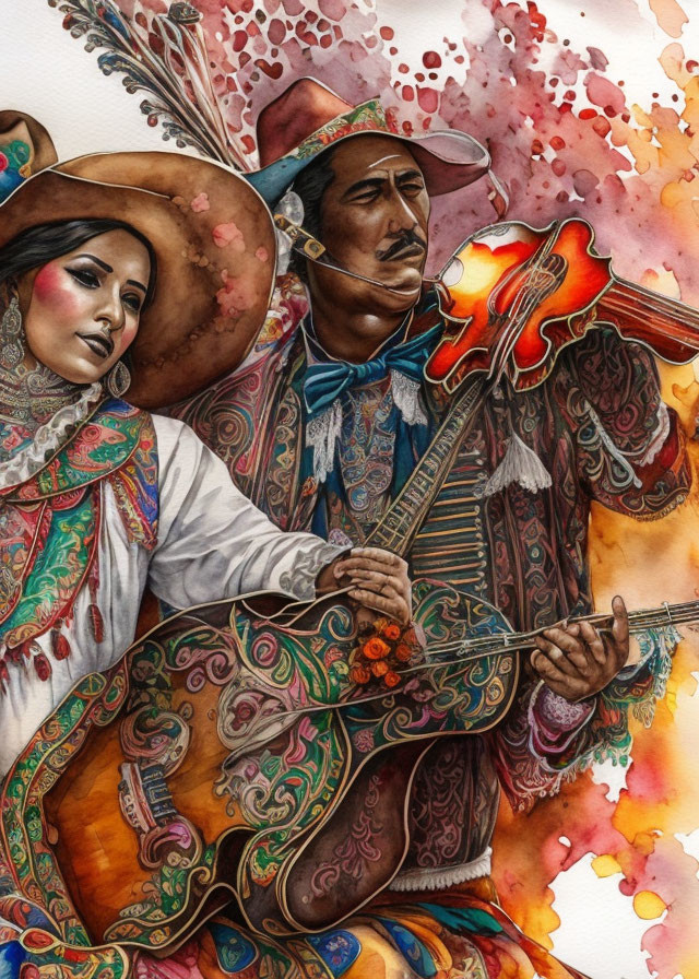 Vibrant Mexican-themed illustration with man playing guitar and woman in sombreros