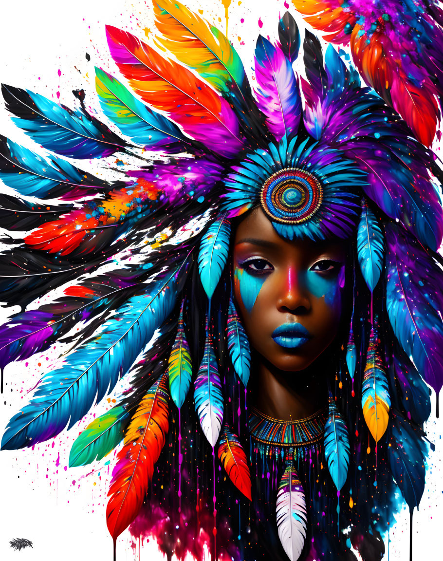 Colorful Woman Portrait with Feather Headdress on Paint Splatter Background