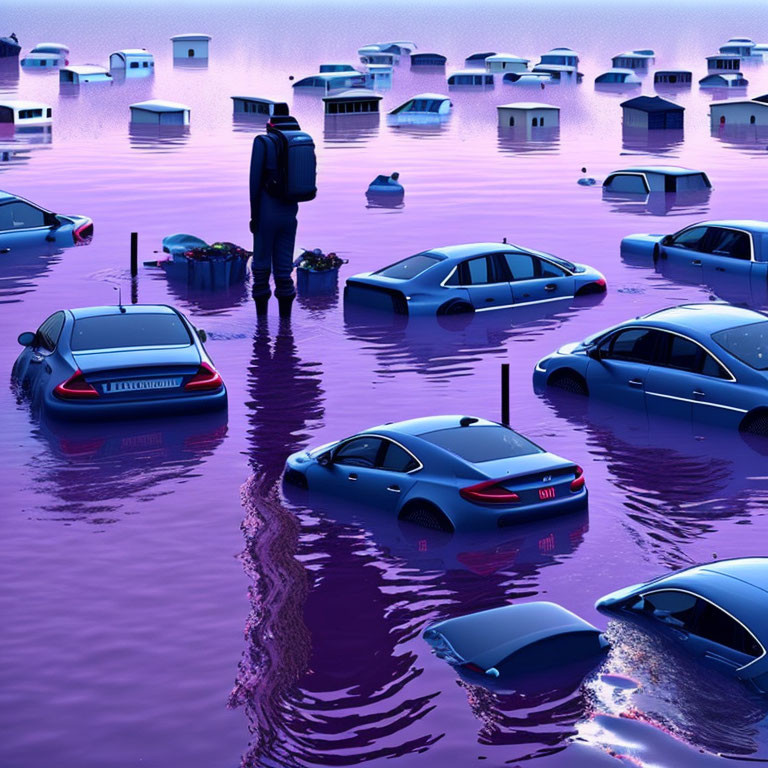 Flooded cityscape with submerged cars under purple sky