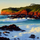 Tranquil coastal scene with crashing waves and lush headland