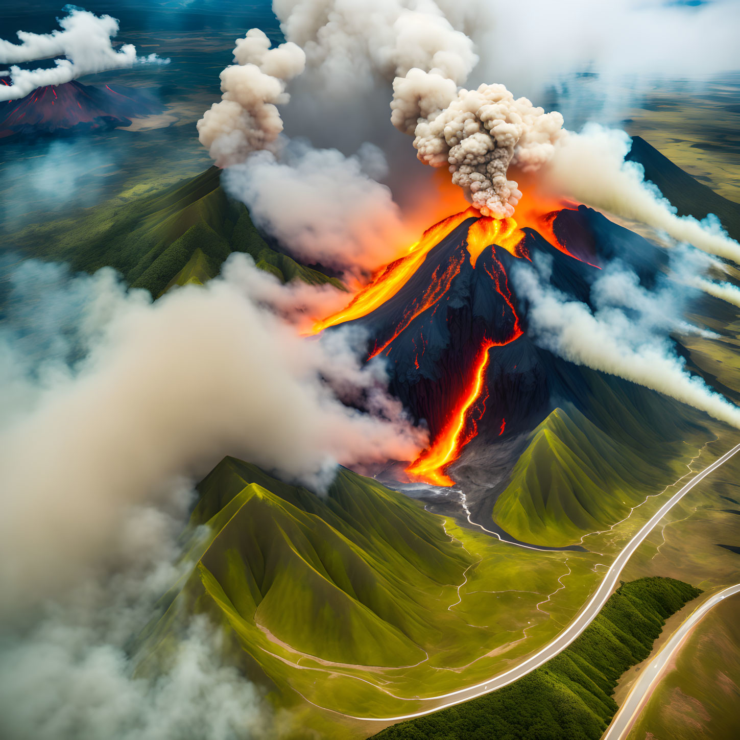 Volcanic eruption with smoke, ash plume, lava flow in mountainous landscape