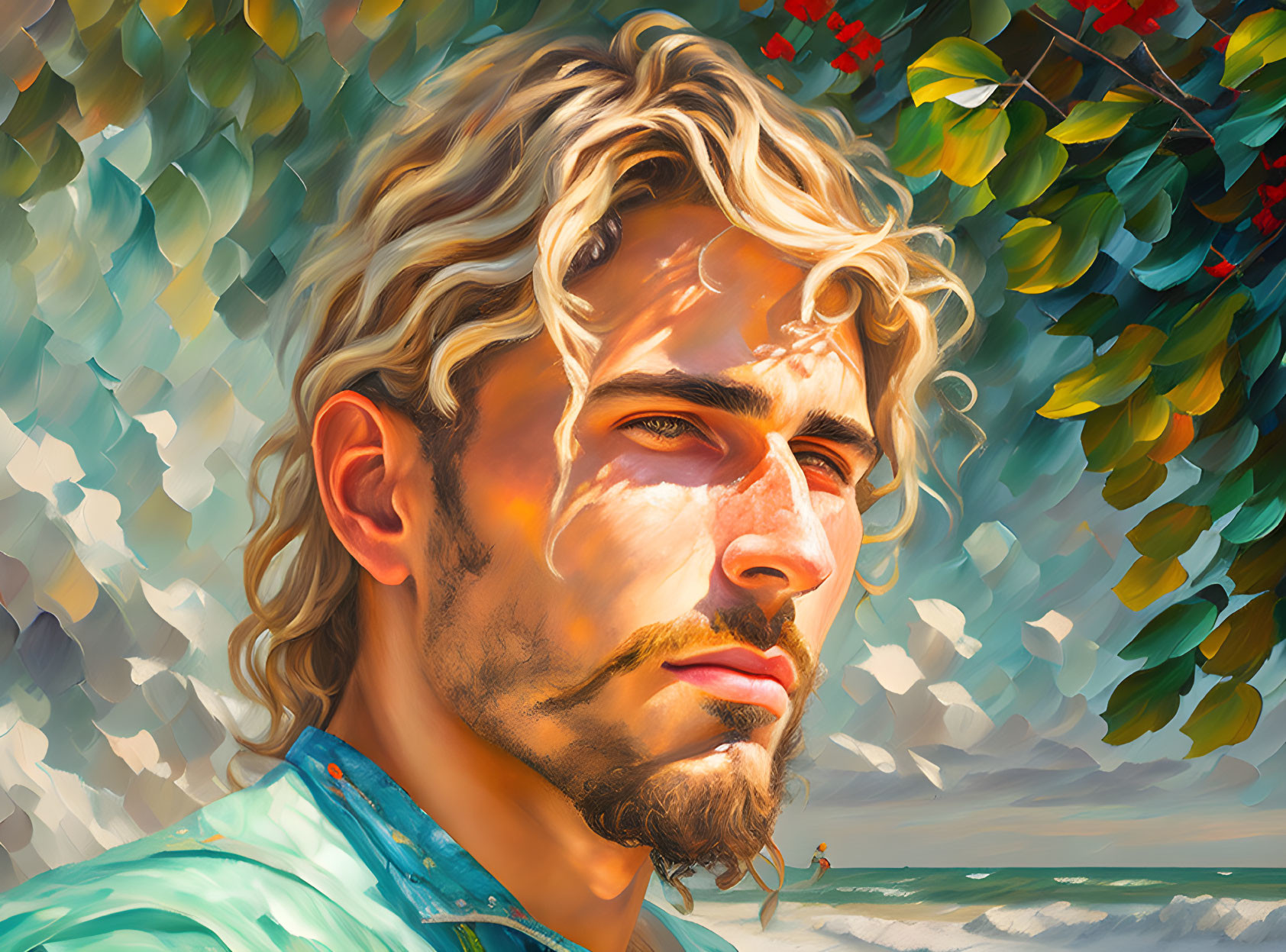 Vibrant stylized portrait of a man with blond hair and light beard on sunny beach backdrop