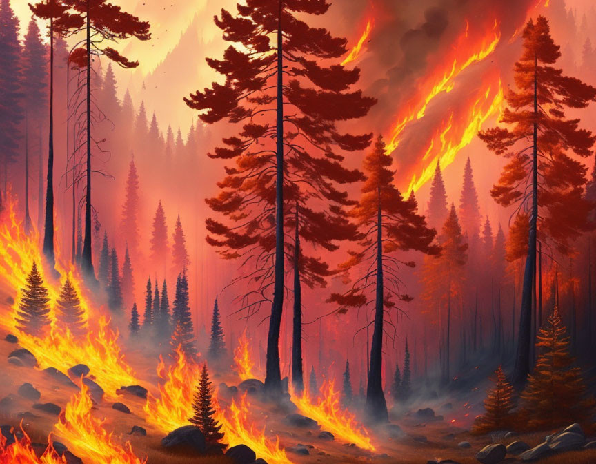 Illustration: Forest fire with intense orange flames and red-hued sky