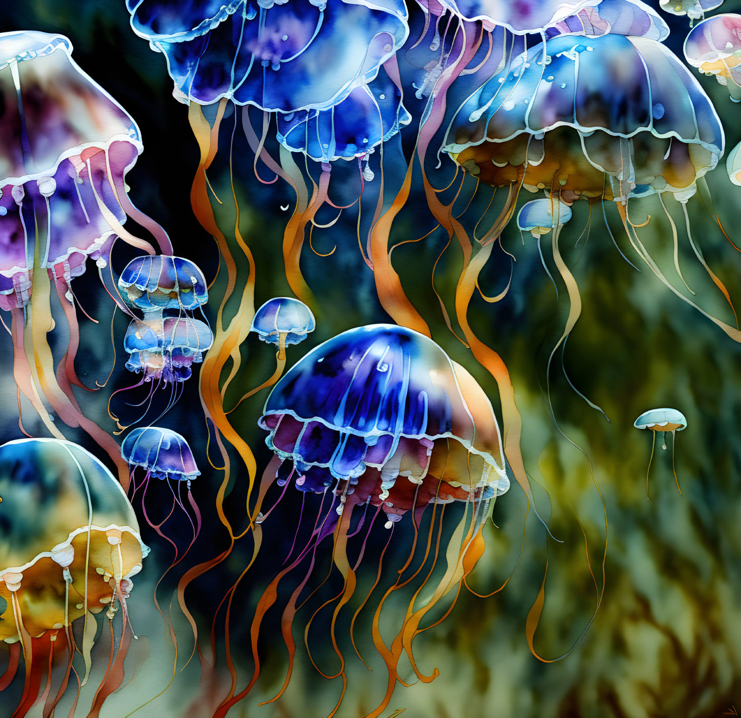 Colorful Jellyfish Float in Vibrant Underwater Scene